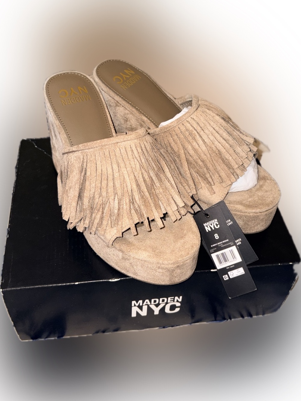Steve Madden NYC Taupe Suede Fringe Wedge Slide Sandals Bnew